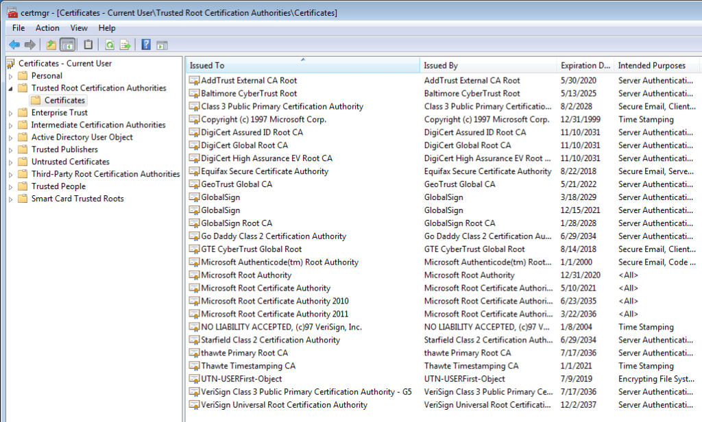 List of Trusted Root Certificates