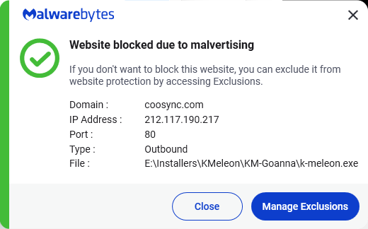 Malwarebytes blocks coosync.com