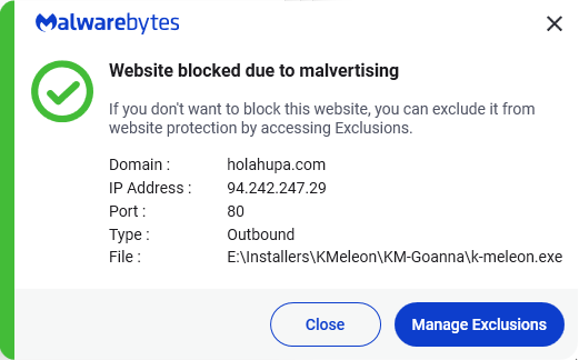 Malwarebytes blocks holahupa.com