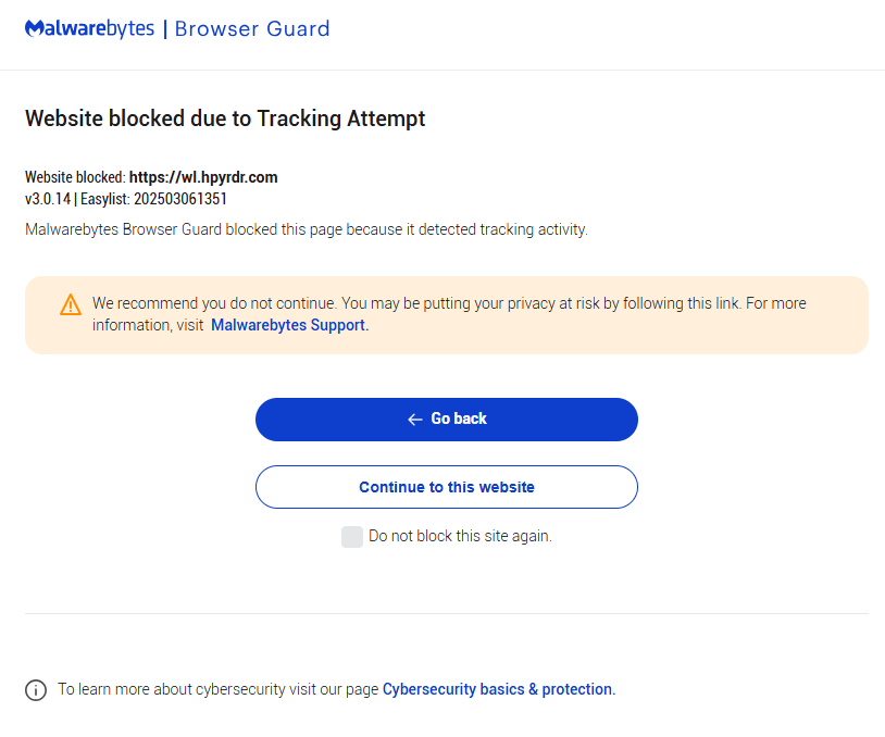 Malwarebytes blocks hpyrdr.com