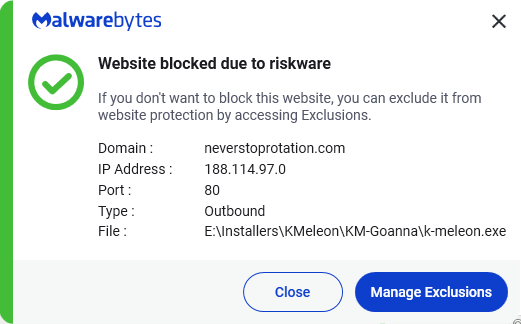 Malwarebytes blocks neverstoprotation.com