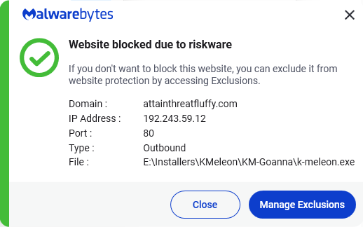 Malwarebytes blocks attainthreatfluffy.com